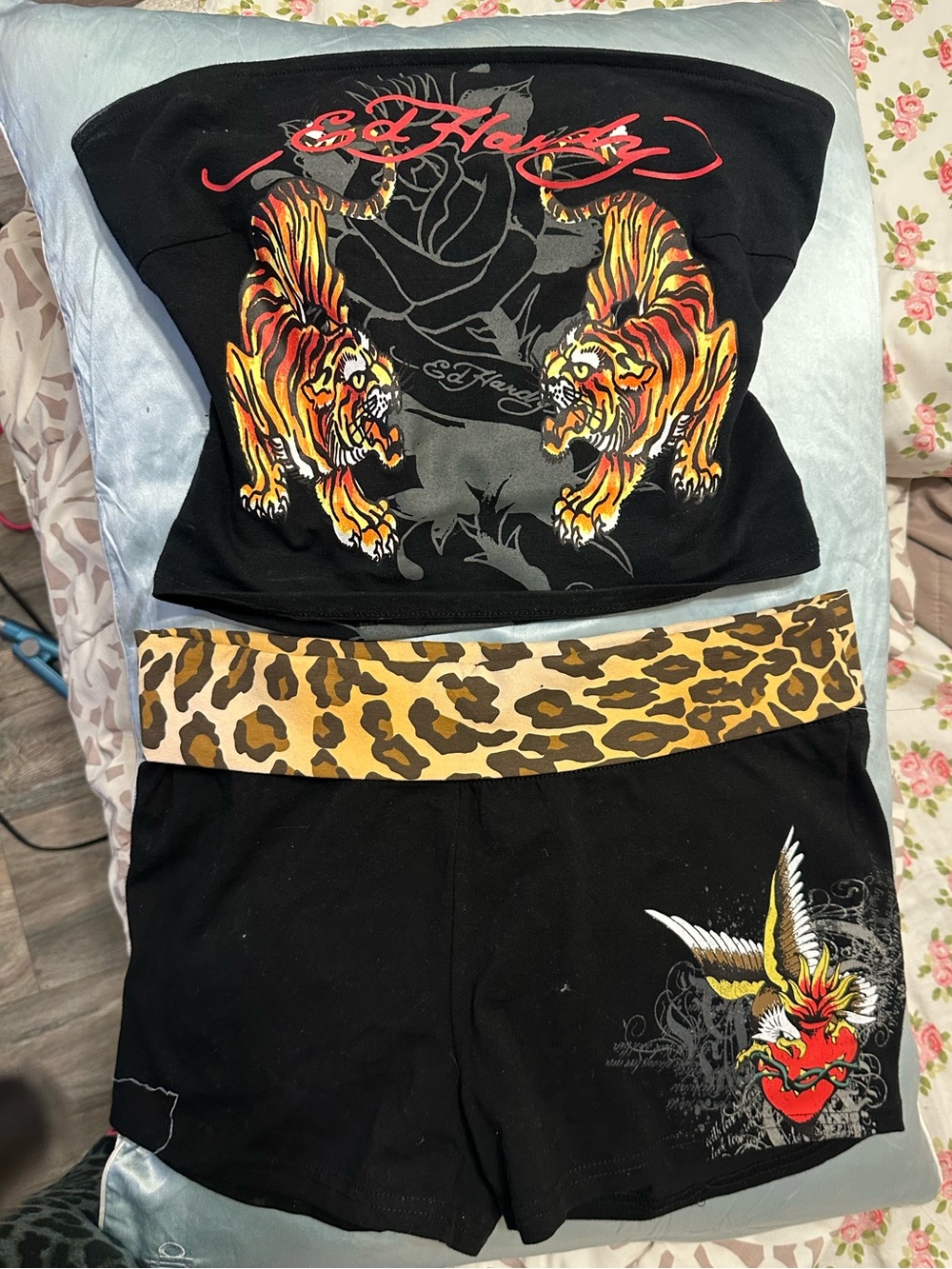 Ed Hardy Leopard Print Tube Top and Shorts Set - Black, Tan, Brown
